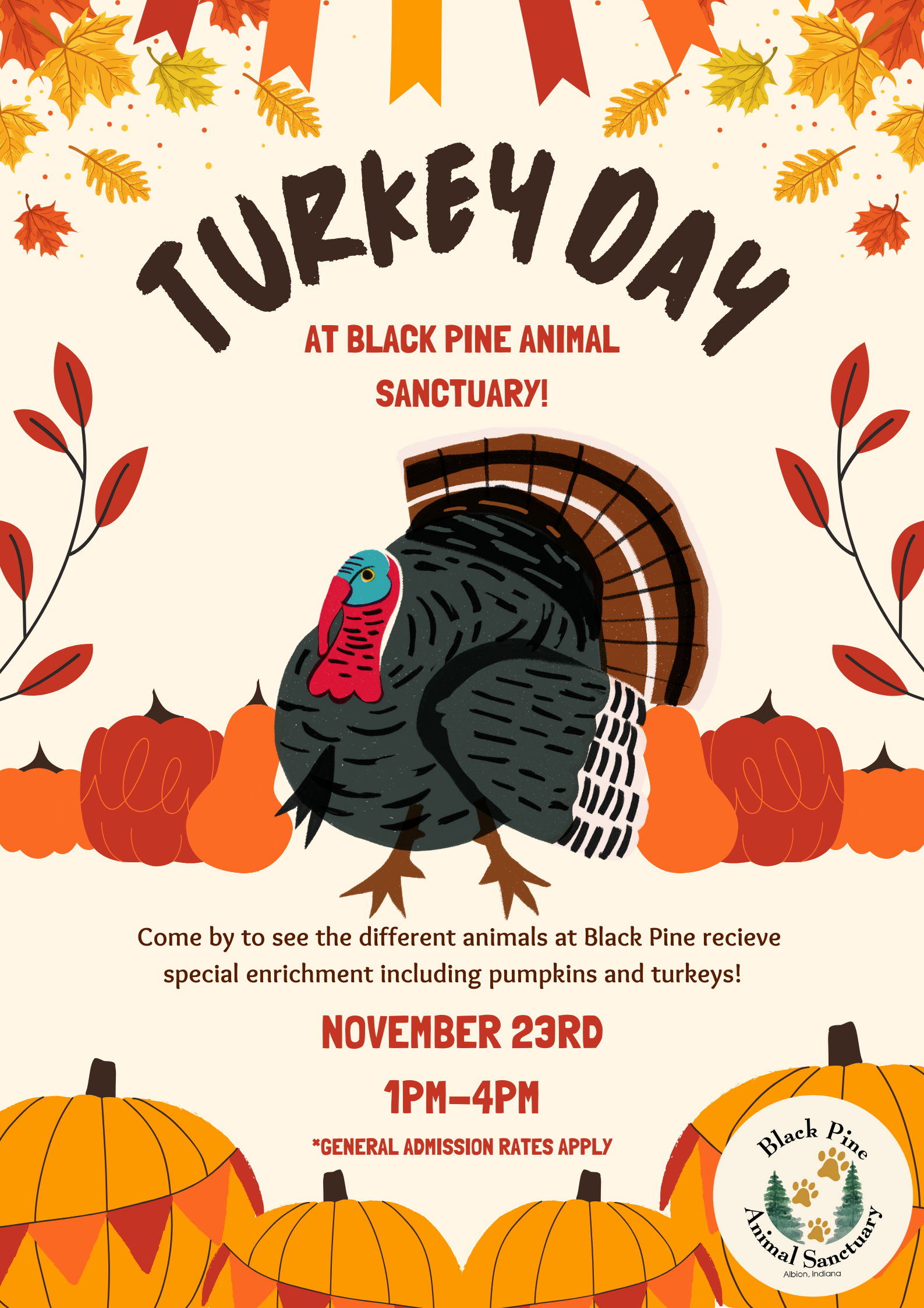 Event poster featuring cartoon turkey & fall decor. Event is November 23rd from 1-4 PM, General Admission Rates Apply